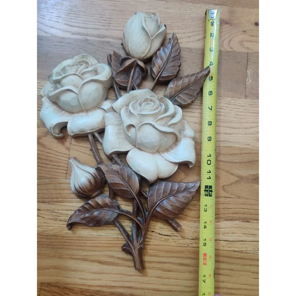 Vintage Mid Century Floral Wall Decor Plaques Set of 2 Roses & Chrysanthemums